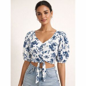 Cupcakes & Cashmere Jerome Cropped Linen Top Womens Sz S Blue Toile Puff Sleeve